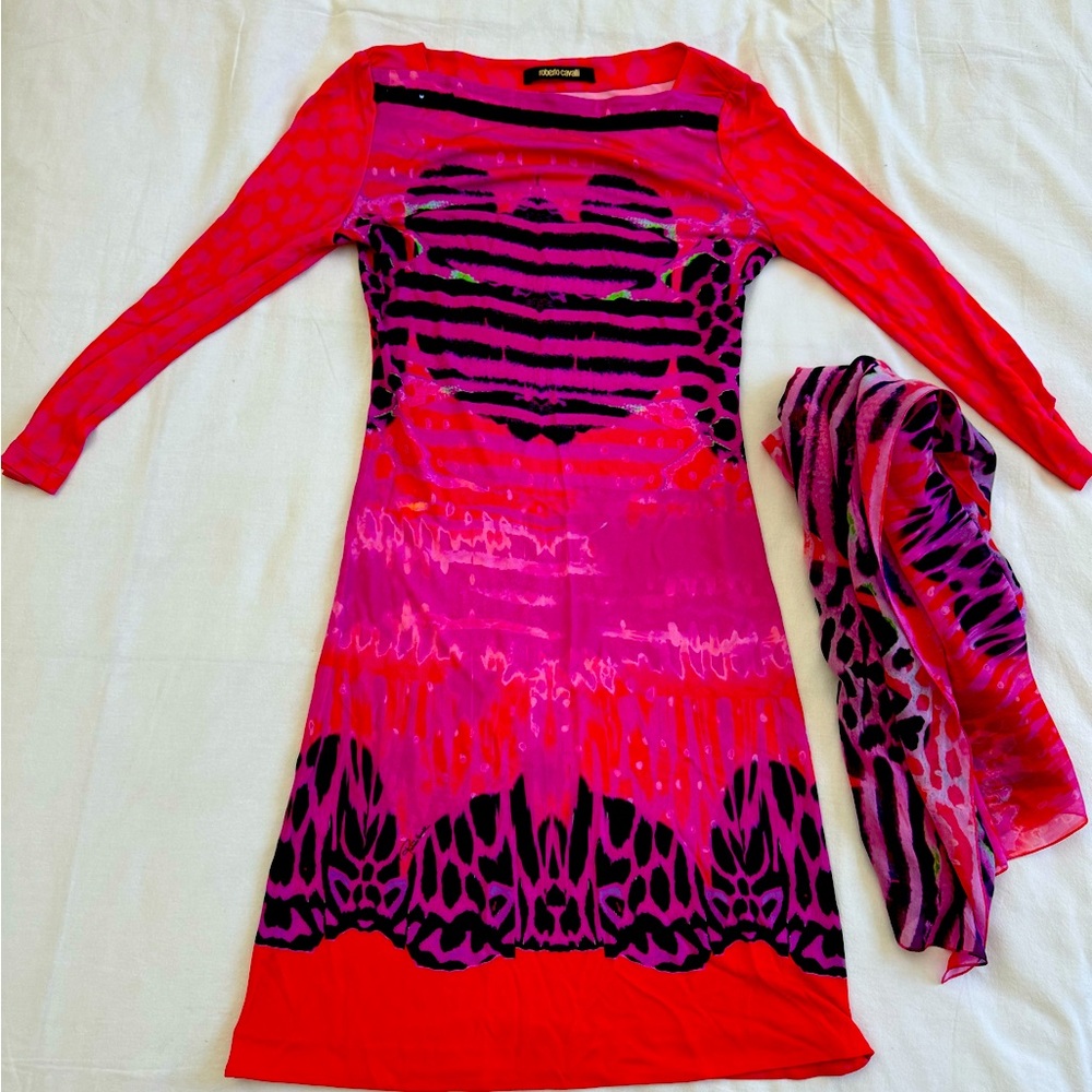 Roberto Cavalli vintage silk pink dress with scarf